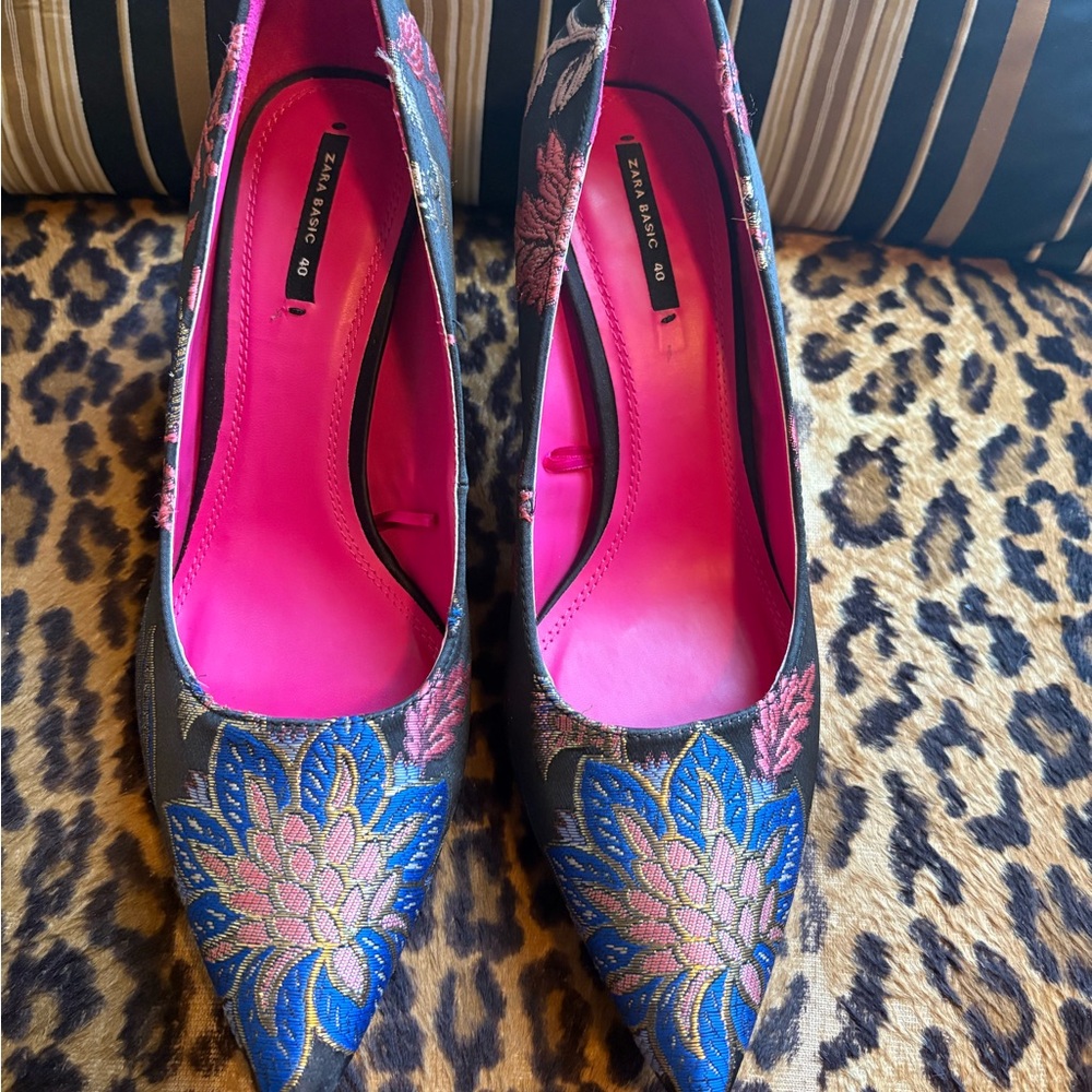 Zara Embroidered Heels - Blue and Pink